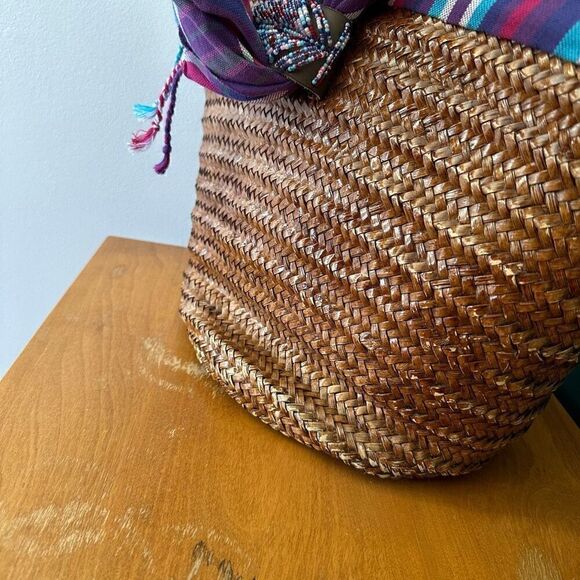 African Beaded Straw Bag Scarf Fringe Closure - Picture 14 of 16